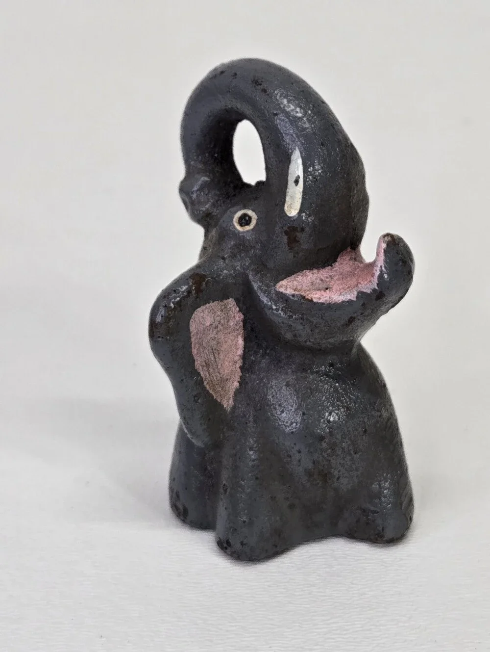 VTG Cast Iron Elephant Bottle Opener Figural Paperweight Trunk Up Pink Mouth #2